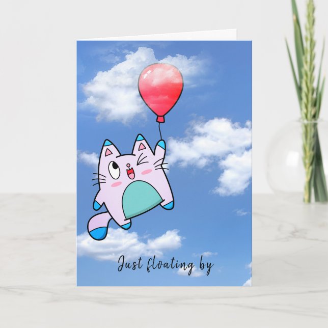 Cat And Balloon Hello Card (Front)