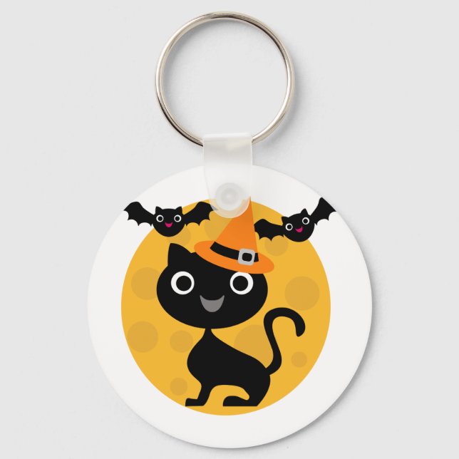 Cat and Bats Halloween T-shirts and Gifts Keychain (Front)