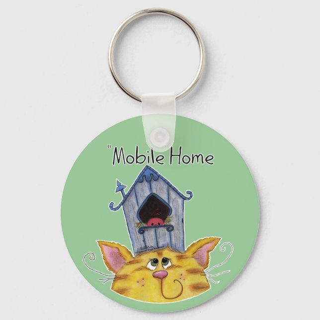 Cat and Bird House Mobile Home Keychain (Front)