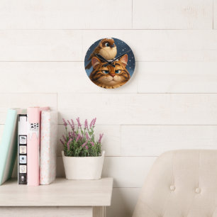 cat and bird round clock