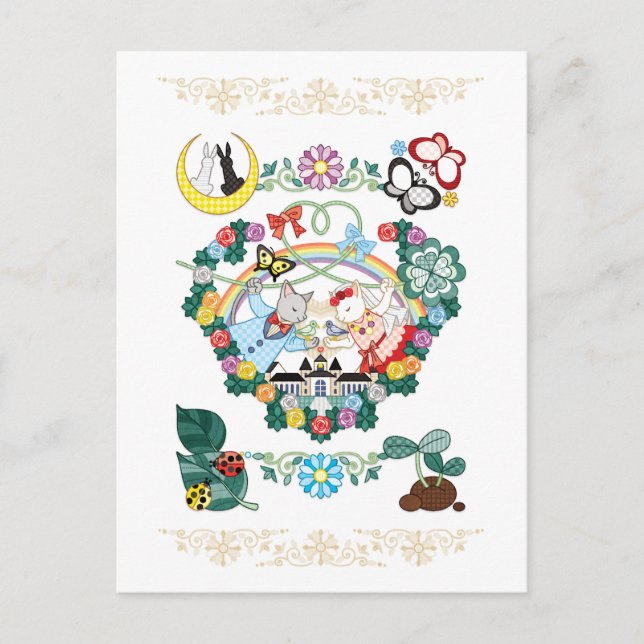 CAT AND BIRD WEDDING COUPLE POSTCARD (Front)