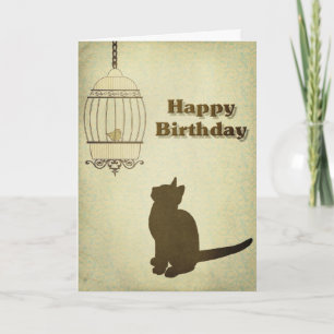 Cat and Birdcage Birthday Card