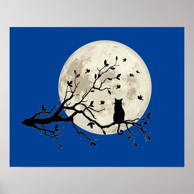 Cat and Birds with Tree Silhouette and Full Moon Poster (Front)