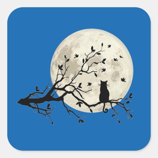Cat and Birds with Tree Silhouette and Full Moon Square Sticker (Front)
