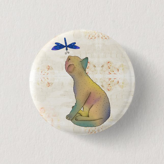 Cat and blue dragonfly 1 inch round button (Front)