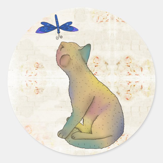 Cat and blue dragonfly classic round sticker (Front)