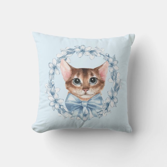 Cat and blue flowers throw pillow (Front)