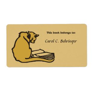 Cat and book, vintage bookplate customizable