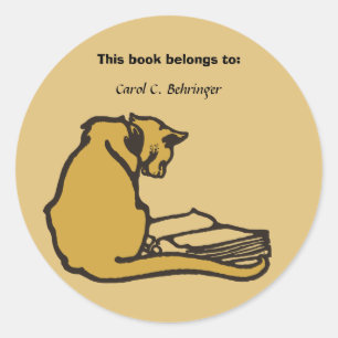 Cat and book, vintage bookplate customizable classic round sticker