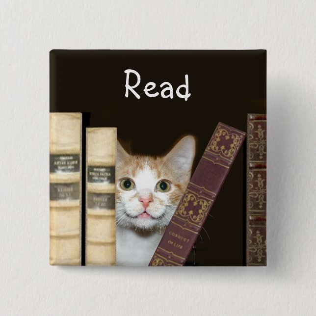Cat and books 2 inch square button (Front)