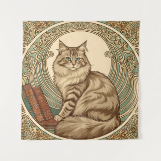 cat and books framed with geometrical ornament tapestry