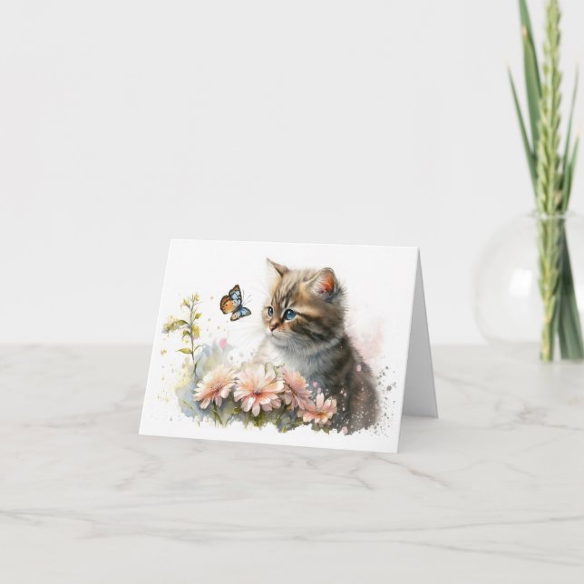 Cat and Butterfly In Garden Note Card (Front)