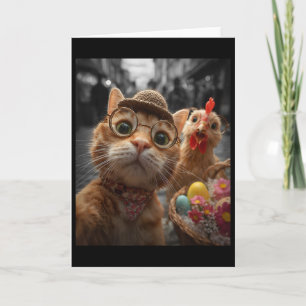 Cat And Chicken Selfie Funny Vintage Easter Eggs _ Card