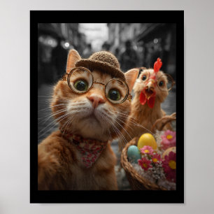 Cat And Chicken Selfie Funny Vintage Easter Eggs _ Poster