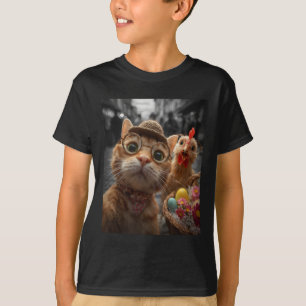 Cat And Chicken Selfie Funny Vintage Easter Eggs T-Shirt