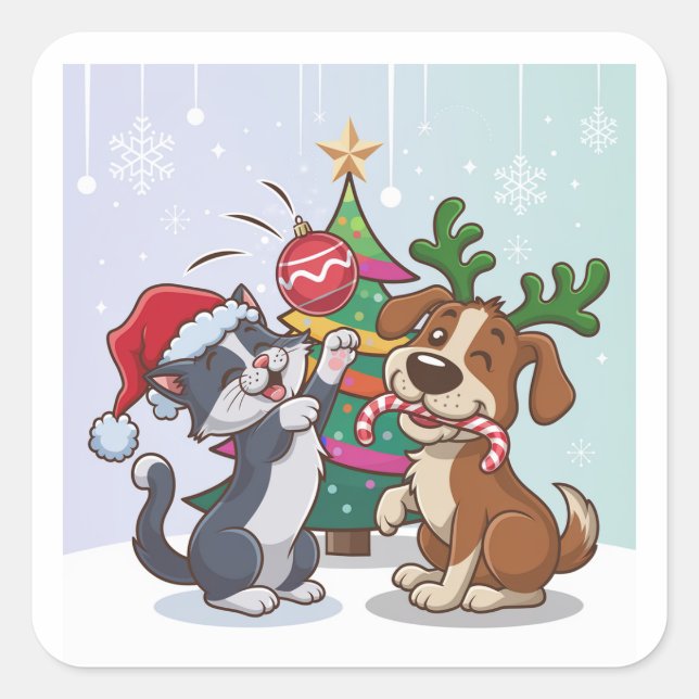 cat and dog are celebrating Christmas’s day Square Sticker (Front)