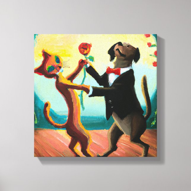 Cat and Dog Dancing Tango in Dance Club, AI Art Canvas Print (Front)
