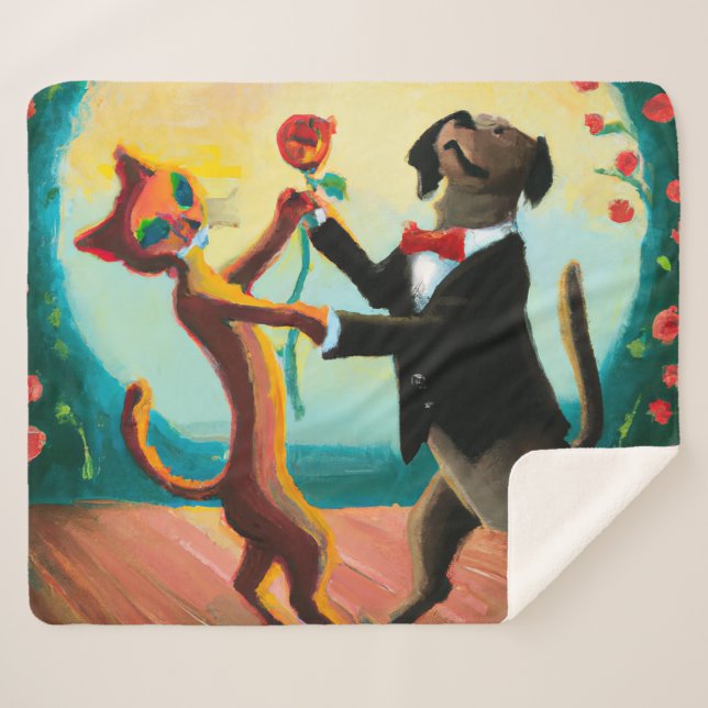 Cat and Dog Dancing Tango in Dance Club, AI Art Sherpa Blanket (Front (Horizontal))