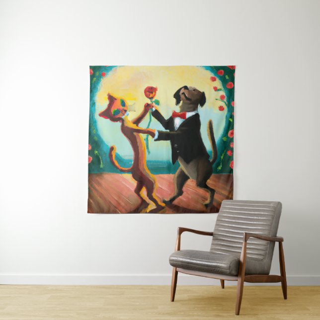 Cat and Dog Dancing Tango in Dance Club, AI Art Tapestry (In Situ)