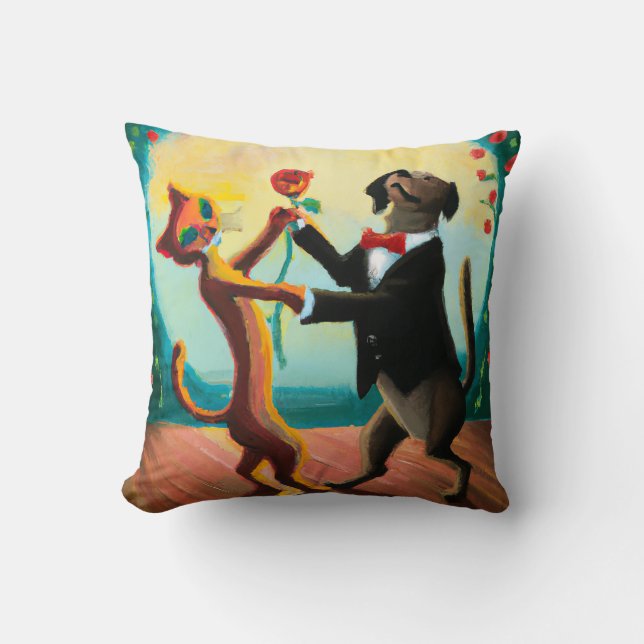 Cat and Dog Dancing Tango in Dance Club, AI Art Throw Pillow (Front)