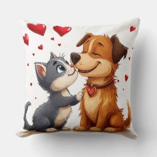 Cat and dog in love throw pillow
