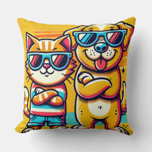 Cat and Dog in Sunglasses Posing Together Throw Pillow