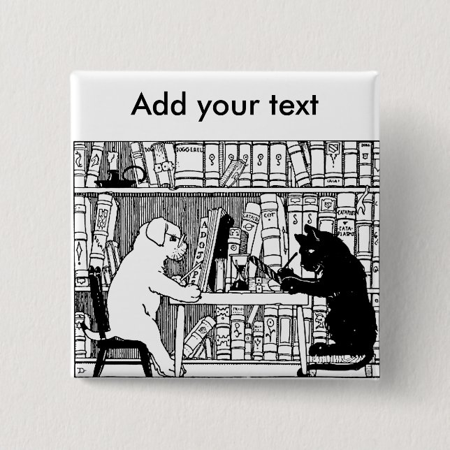 Cat and Dog in the Library 2 Inch Square Button (Front)