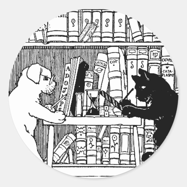 Cat and Dog in the Library Classic Round Sticker (Front)