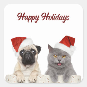 Cat And Dog Merry Christmas Happy Holiday  Square Sticker