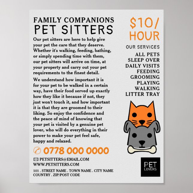 Cat and Dog, Pet Sitting Service Advertising Poster (Front)