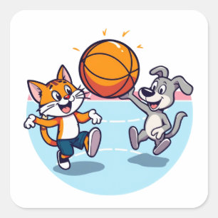 Cat and Dog plays basketball  Square Sticker