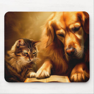 Cat and dog reading a book mouse pad