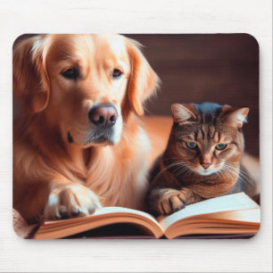 Cat and dog reading a book mouse pad