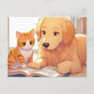Cat and dog reading a book postcard