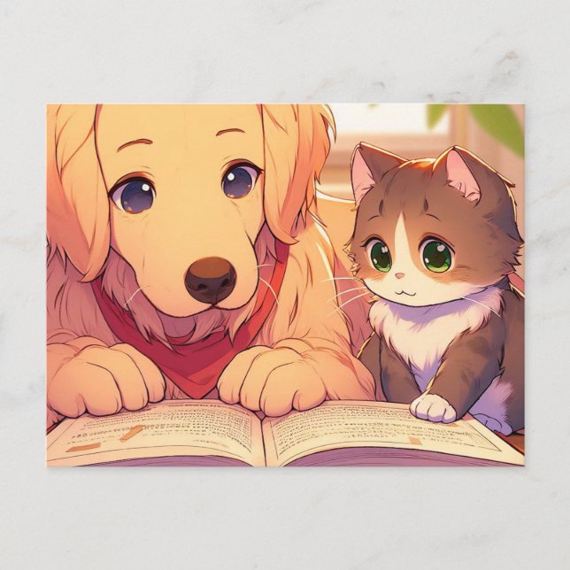 Cat and dog reading a book postcard (Front)
