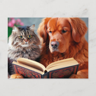 Cat and dog reading a book postcard