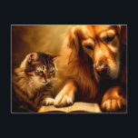 Cat and dog reading a book postcard<br><div class="desc">Animals are important for many reasons,  but they also move feelings. Which is your favourite?</div>