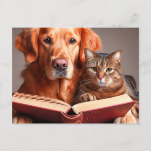 Cat and dog reading a book postcard