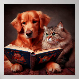 Cat and dog reading a book poster