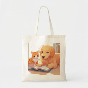 Cat and dog reading a book tote bag