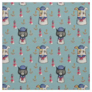 Cat and Dog Sailors Nautical Watercolor Pattern Fabric