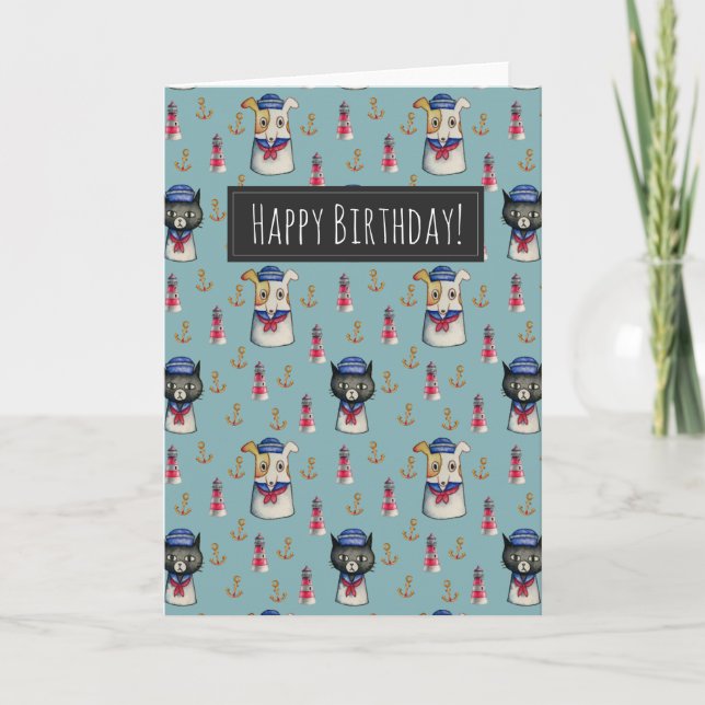 Cat and Dog Sailors Pattern | Happy Birthday Card (Front)