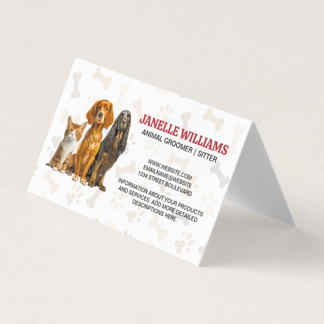 Cat and Dogs Sitting | Paw and Bones Pattern Business Card (Front)