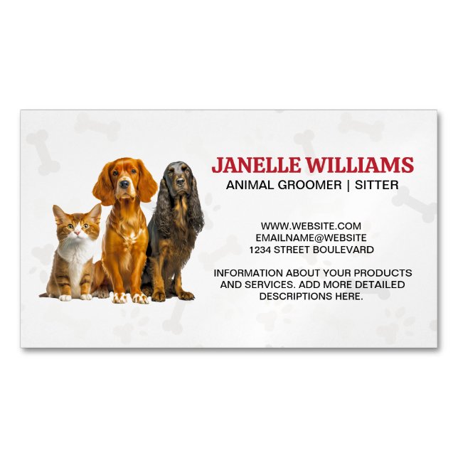 Cat and Dogs Sitting | Paw and Bones Pattern Magnetic Business Card (Front)