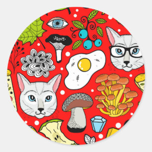 Cat and egg on red classic round sticker