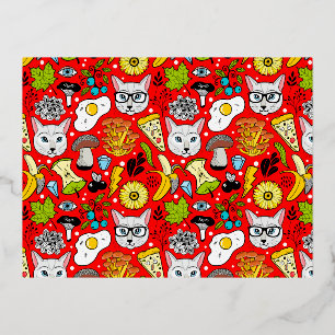 Cat and egg on red foil holiday postcard