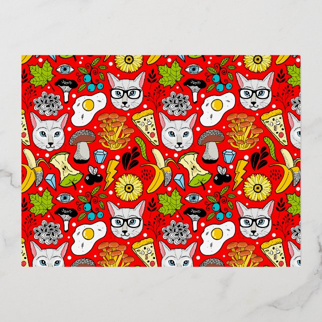 Cat and egg on red foil holiday postcard (Front)
