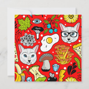 Cat and egg on red holiday card