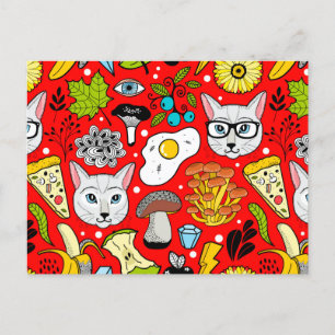 Cat and egg on red holiday postcard