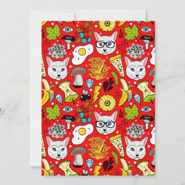 Cat and egg on red invitation (Front)